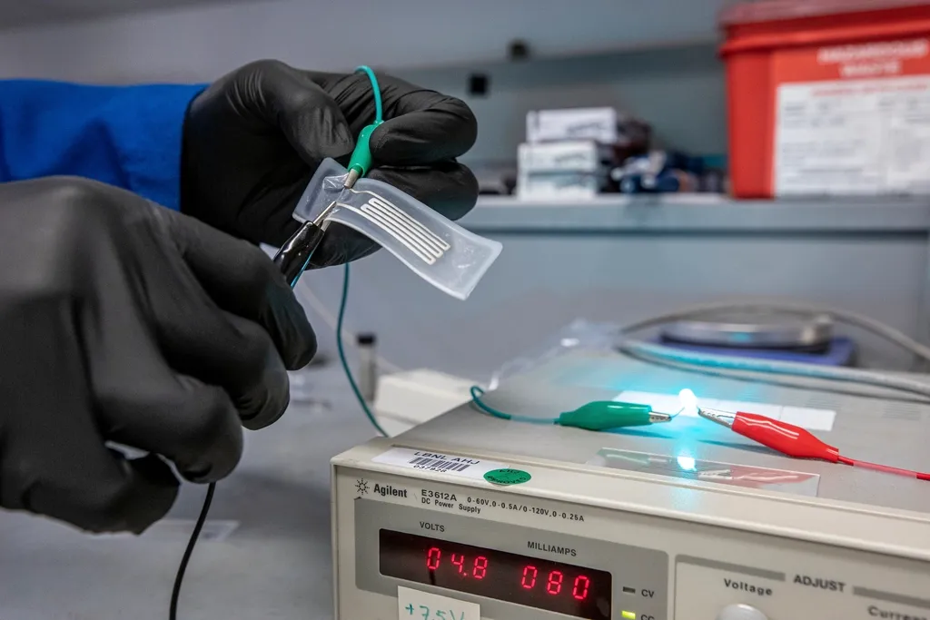 Gloved researcher testing a small electronic component in a lab
